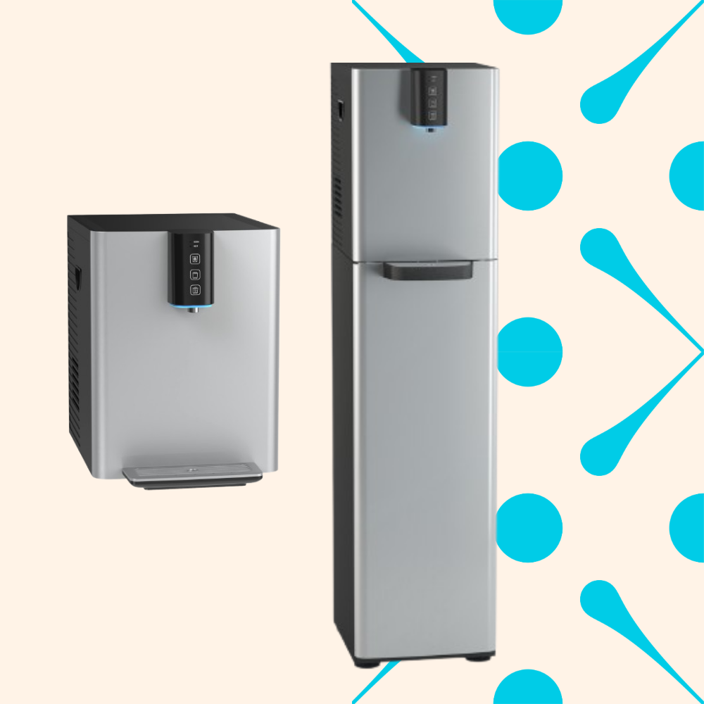A water dispenser with a separate water cooler on the left and a tall water cooler on the right, both with silver and black design on a patterned background.