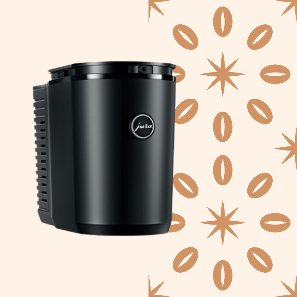 A black Jura coffee machine on a beige background with decorative brown coffee bean and starburst patterns.