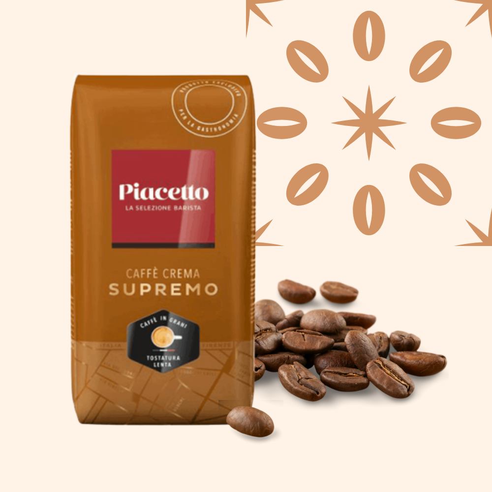 Package of Piacetto Supremo coffee with roasted coffee beans beside it on a light background with decorative brown star and leaf patterns.