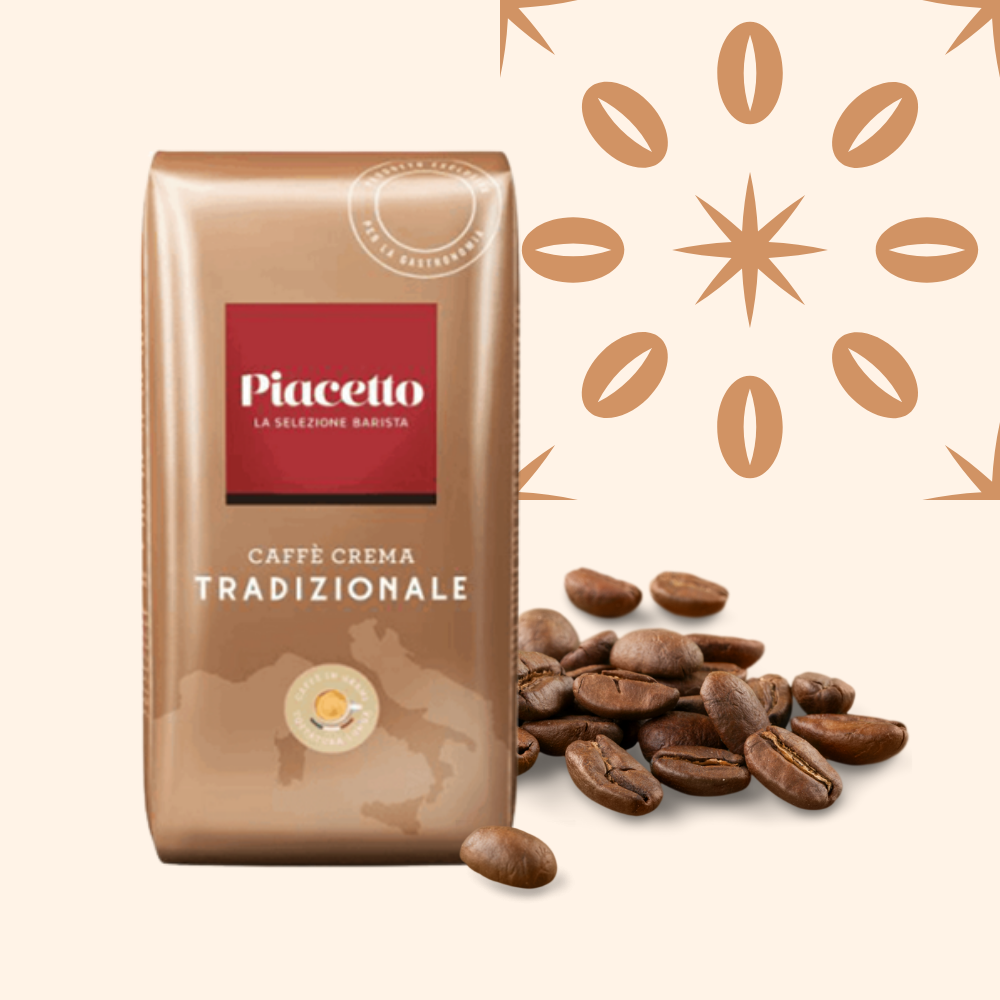 A bag of Piacetto Tradizionale cream coffee, with coffee beans scattered in front and decorative coffee bean patterns in the background.