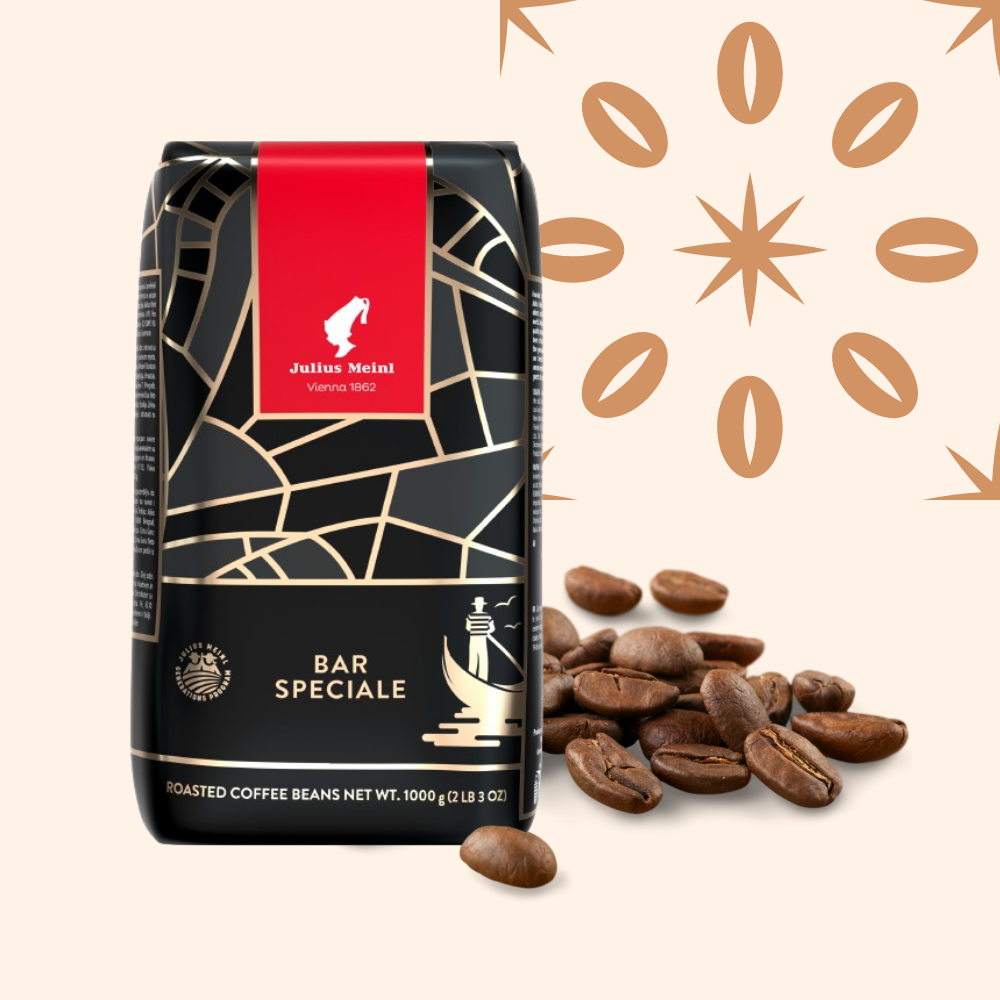 A bag of Julius Meinl roasted coffee beans with coffee beans scattered in front, set against a beige background with coffee icon illustrations.