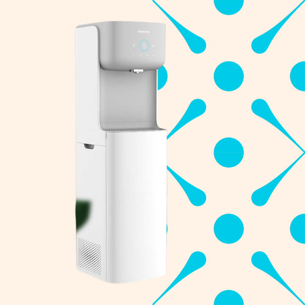 White water cooler with a digital display and spout, against a patterned background.