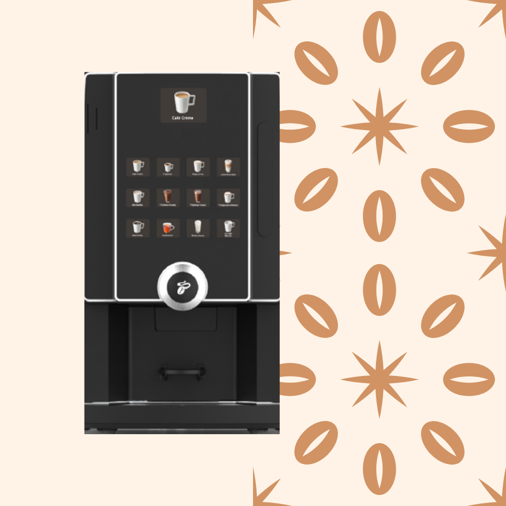 Coffee vending machine with touch screen displaying coffee options, set against a beige background with brown star and oval patterns.