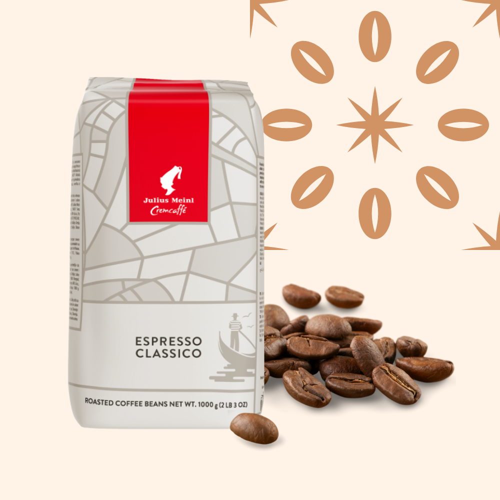A bag of Julius Meinl Cremcaffe Espresso Classico roasted coffee beans with scattered coffee beans and a decorative pattern in the background.