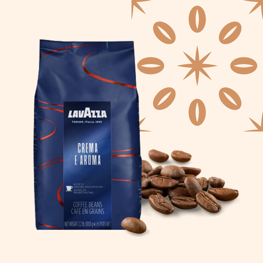 A bag of Lavazza coffee beans with scattered roasted coffee beans on a light background with decorative coffee bean and starburst patterns.