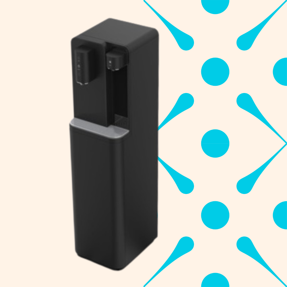 Black water dispenser with a silver tray, set against a beige background with blue abstract shapes.