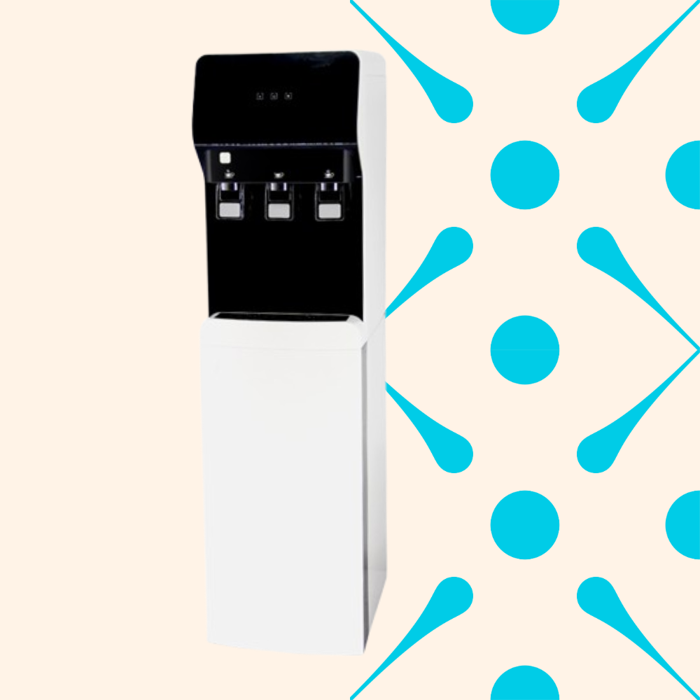 A water cooler with a black top and a white base against a beige background with blue abstract shapes.