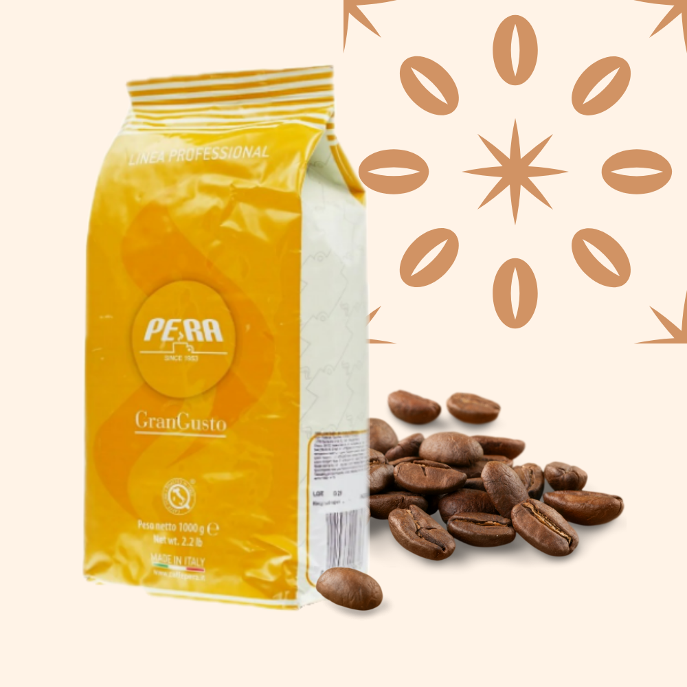 A yellow package of Pera GranGusto coffee beans next to a small pile of roasted coffee beans, with coffee bean illustrations in the background.