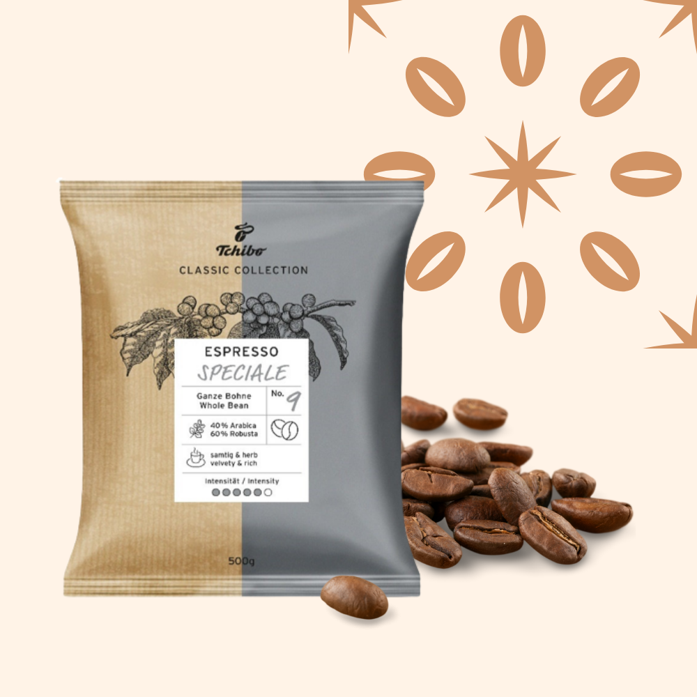 A 500g bag of Tchibo Espresso Speciale coffee beans from the Classic Collection, with whole coffee beans spilling beside it and a decorative background with abstract coffee bean and star shapes.