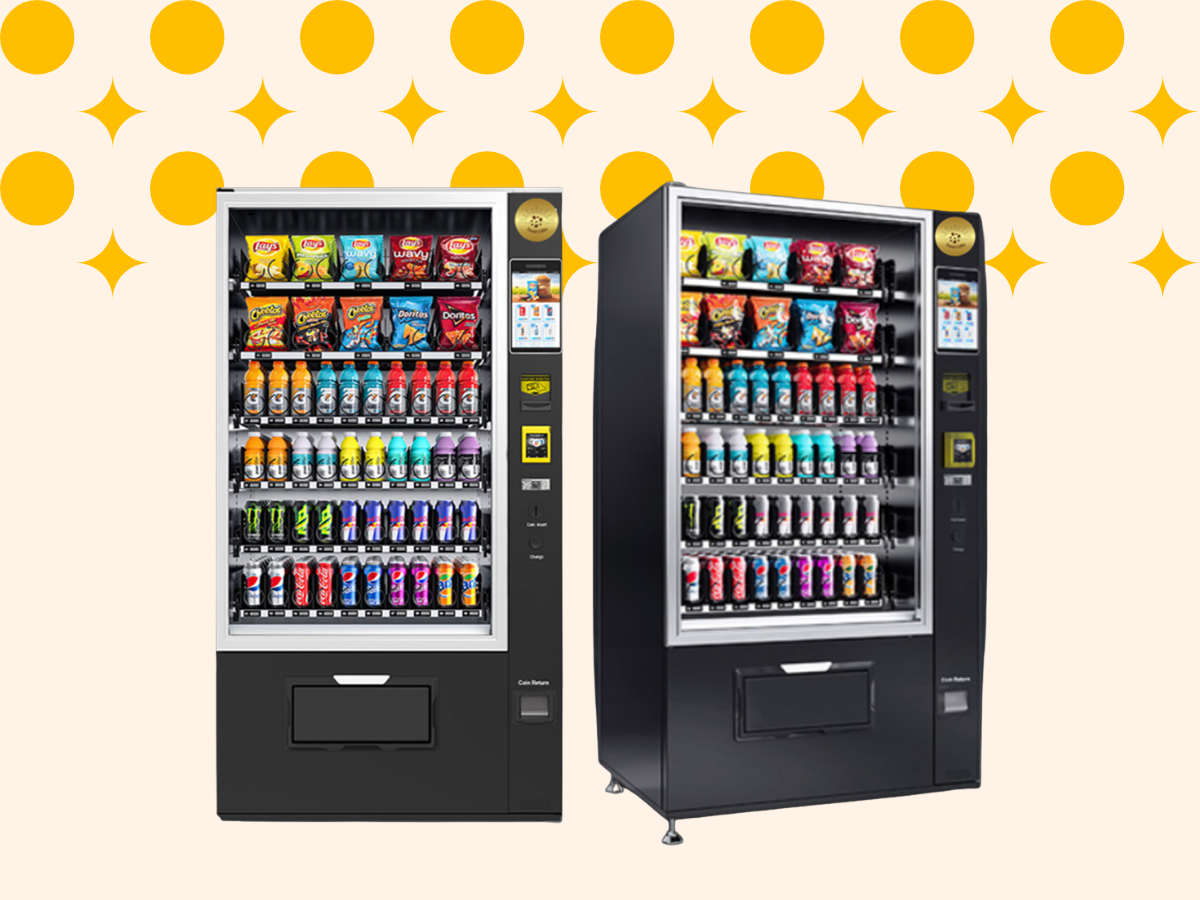 Two vending machines filled with snacks and beverages against a background with yellow polka dots and star shapes.