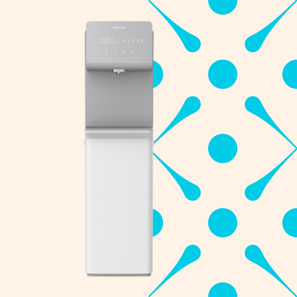 A water cooler with a digital display and a tap, placed against a beige background with blue dot and line pattern.