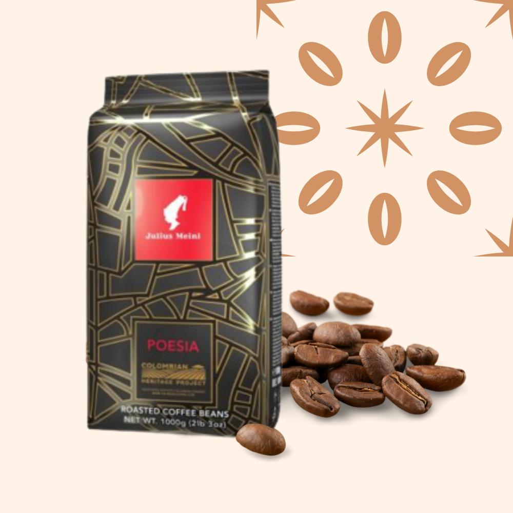 A black bag of Julius Meinl Poesia Colombian roasted coffee beans next to scattered coffee beans and decorative brown coffee bean patterns on a light background.