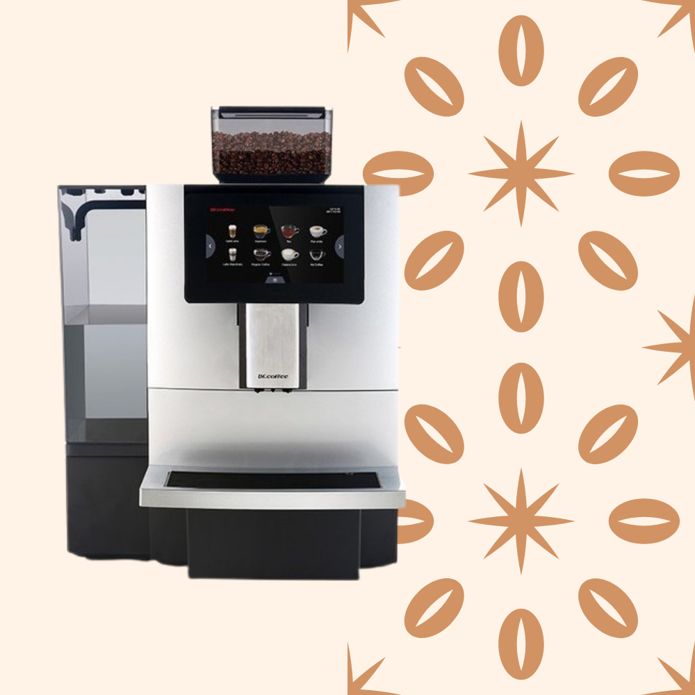 A coffee vending machine with a digital touchscreen interface and a compartment filled with coffee beans on top, set against a beige background with decorative coffee bean and starburst patterns.