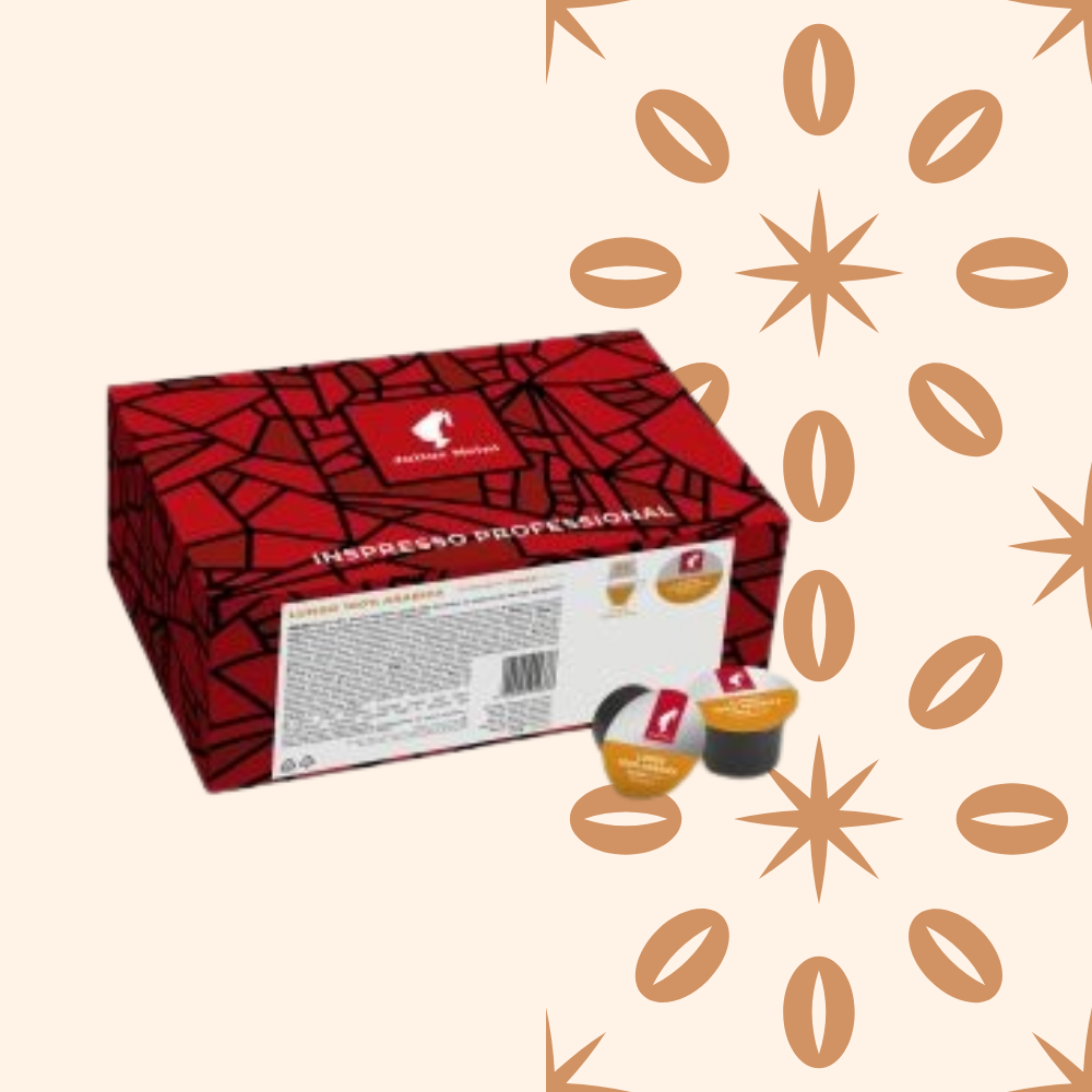 Box of coffee capsules with a red geometric design and a small portion of opened capsules in front.