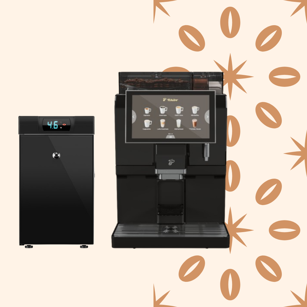 A coffee vending machine with a digital menu screen next to a water cooler displaying 46 degrees Celsius, set against a beige background with brown coffee bean illustrations.