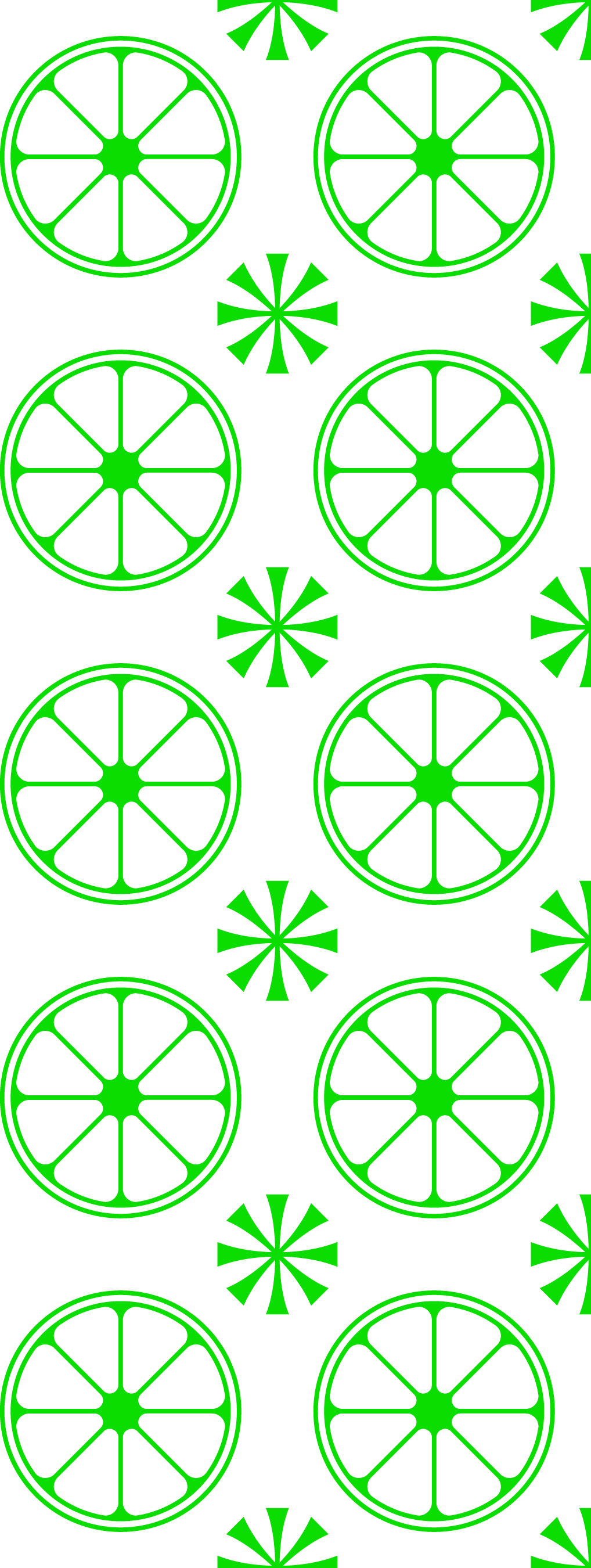 Pattern of green lemon slices and starburst designs on a black background.