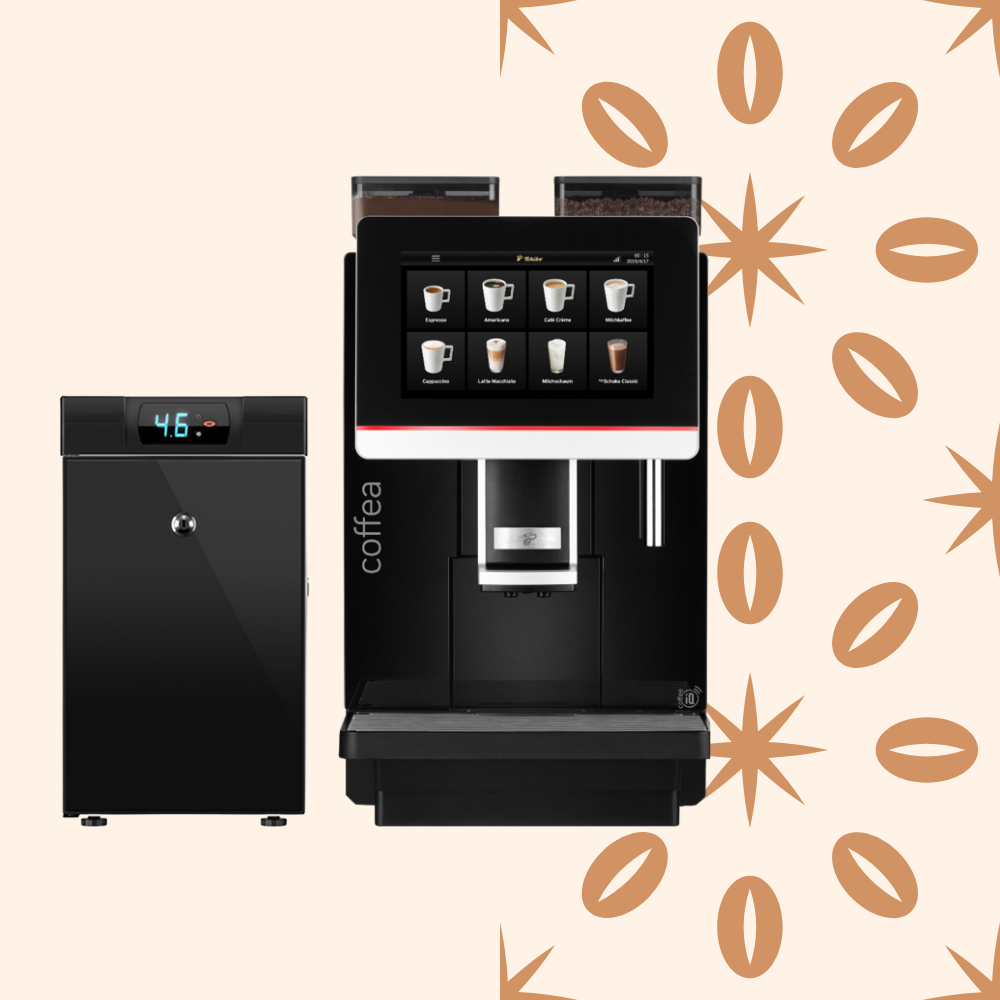 A coffee vending machine with a touchscreen interface displaying various coffee options, next to a temperature-controlled container, with a background featuring coffee bean illustrations.