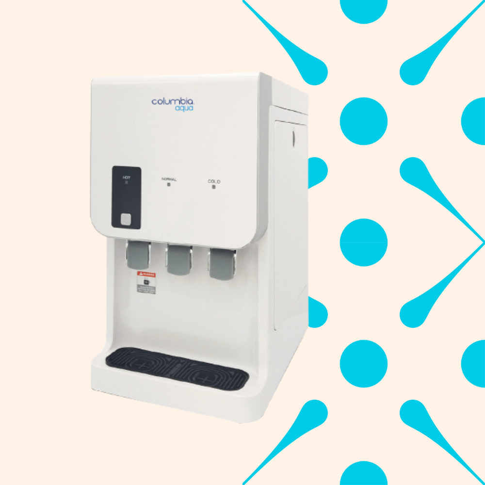 A white Columbia Aqua water dispenser with buttons for hot, normal, and cold water, positioned on a beige background with blue abstract shapes.