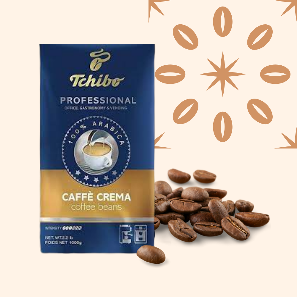 A package of Tchibo professional Arabica coffee creamer coffee beans with scattered coffee beans and decorative brown star and leaf patterns in the background.