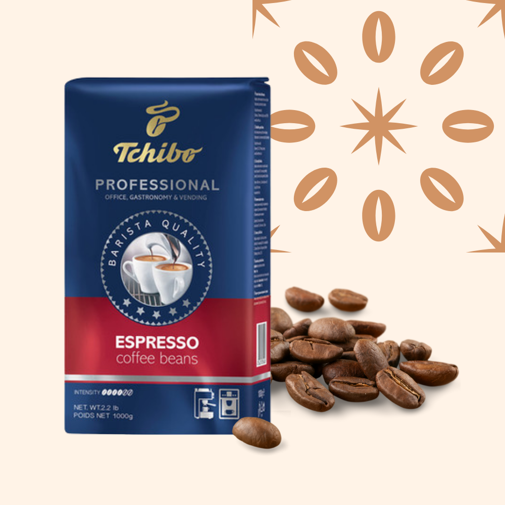 A blue and red bag of Tchibo espresso coffee beans surrounded by scattered coffee beans, with decorative coffee bean and starburst patterns in the background.