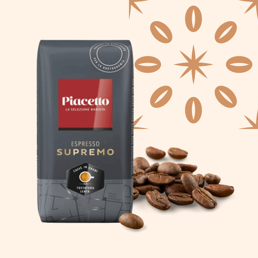 A bag of Piacetto Supremo espresso coffee with coffee beans in front, against a beige background with brown decorative patterns.