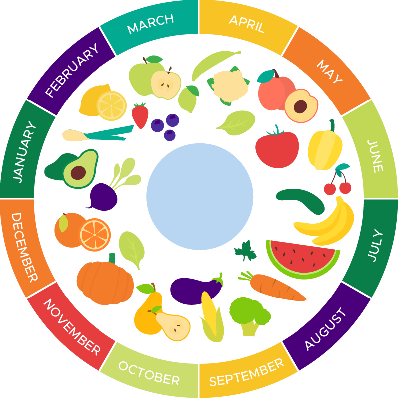 A circular infographic illustrating the months of the year with colorful fruit and vegetable illustrations representing each month.