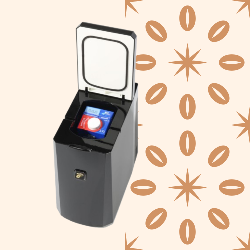 A black and gray paper shredder with a top lid open, revealing the shredding slot and a red and blue shredder security card inside. The background features a decorative beige pattern with brown abstract shapes.