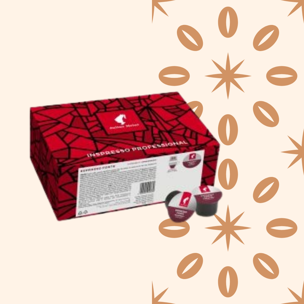 A red box labeled 'espresso biolom'ny' with two small coffee capsules beside it, against a decorative background with brown coffee bean and starburst motifs.