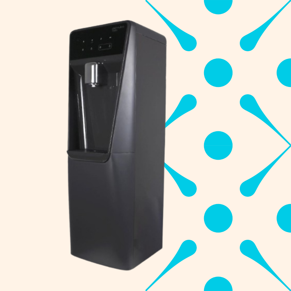 A black water dispenser with a spout and a drip tray, standing against a patterned background with blue dots and shapes.