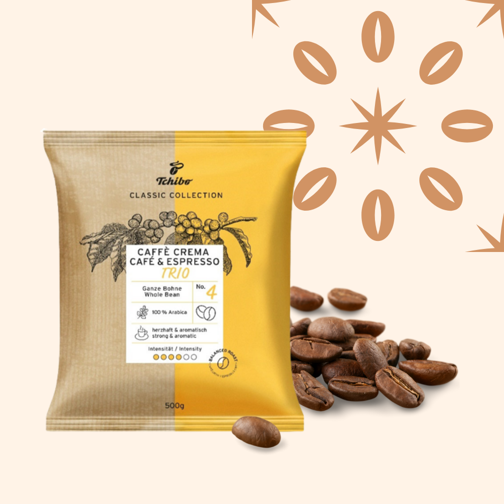A package of Tchibo Caffè Crema, Café & Espresso Trio coffee with roasted coffee beans scattered around, set against a beige background with brown star and oval designs.