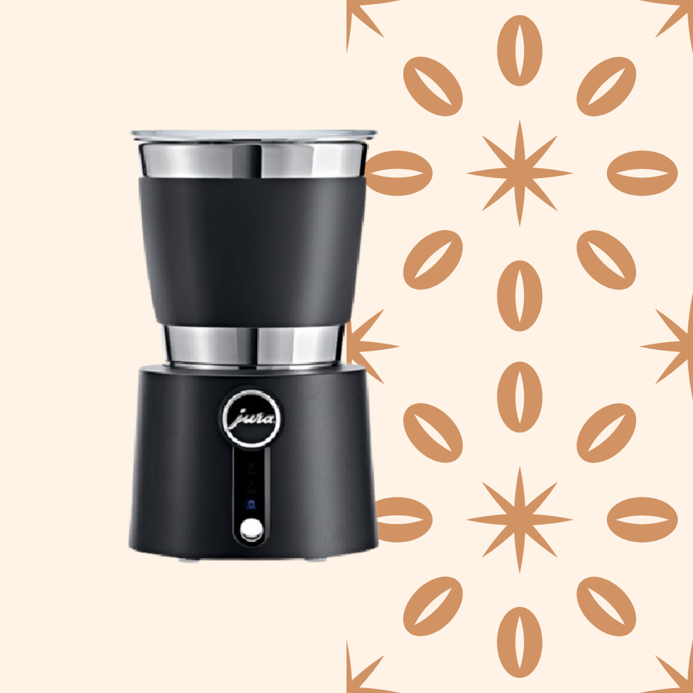 Black coffee grinder with silver accents on a beige background with a brown starburst and coffee bean pattern.