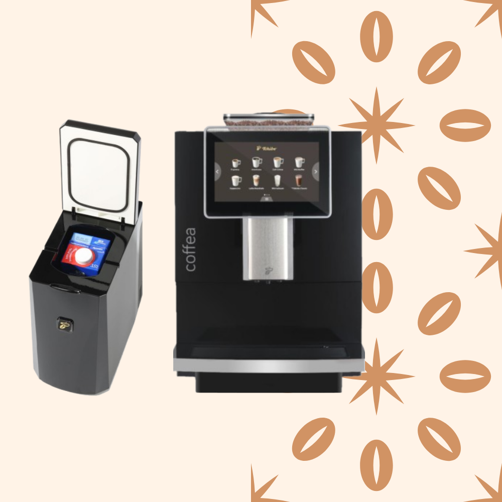 Coffee machines and coffee bean illustrations on a beige background.