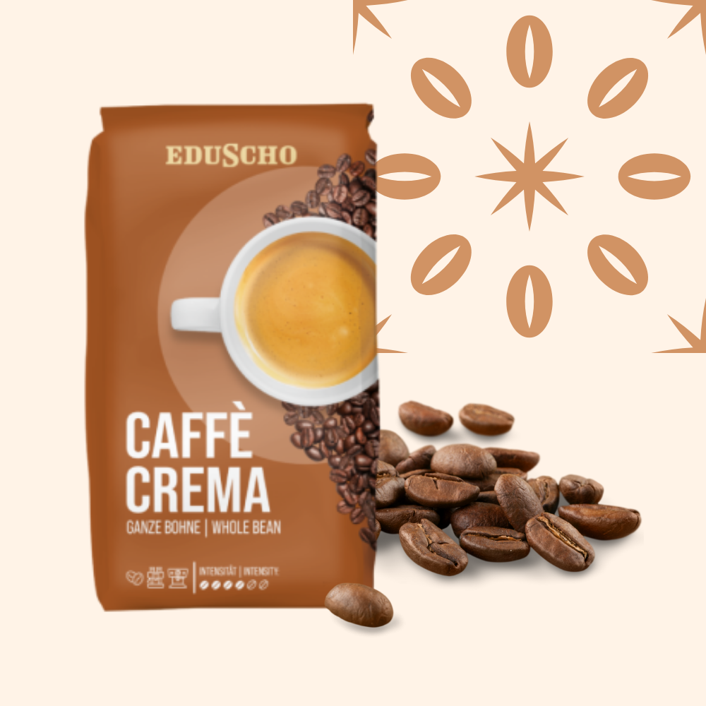Package of EDU-SCHO espresso coffee with coffee beans spilling out, and a coffee cup filled with brewed espresso shown on the packaging.
