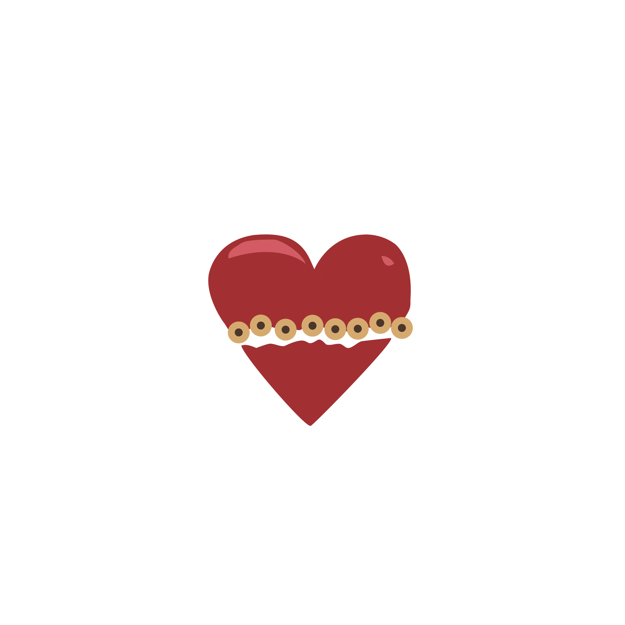 A red heart with a brown beaded bracelet and a red heart on a black background surrounded by white abstract lines.