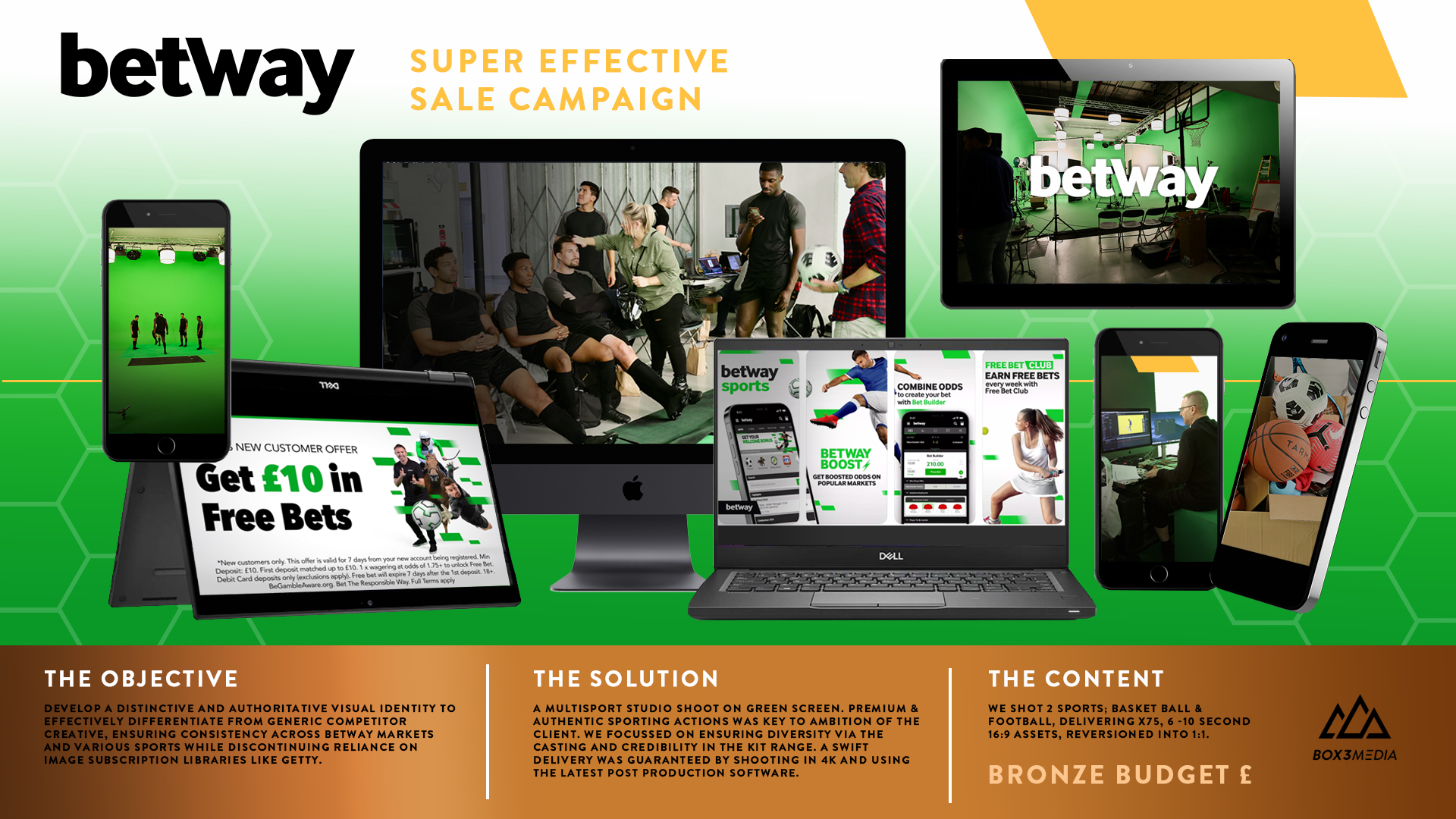 A promotional graphic for Betway featuring various electronic devices, including smartphones, tablets, a laptop, and monitors, displaying sports betting content and a video shoot for a sports studio with a green screen setup.