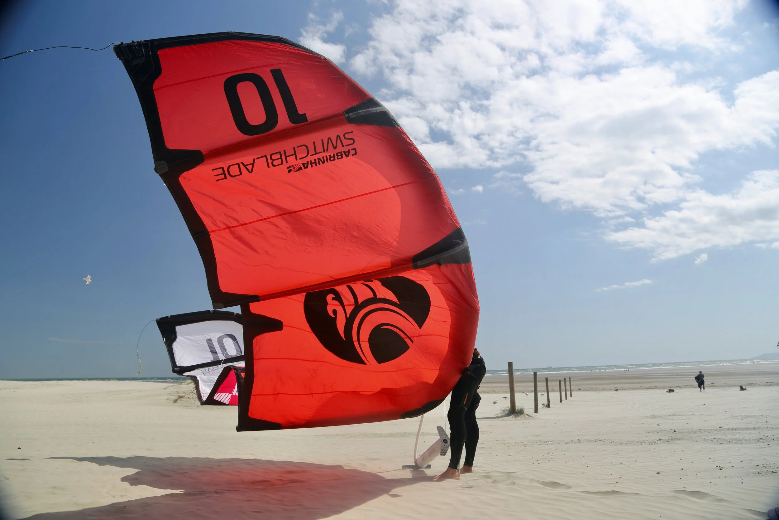A person in wetsuit holding a red and black kite on a sandy beach with blue sky and waves in the background.