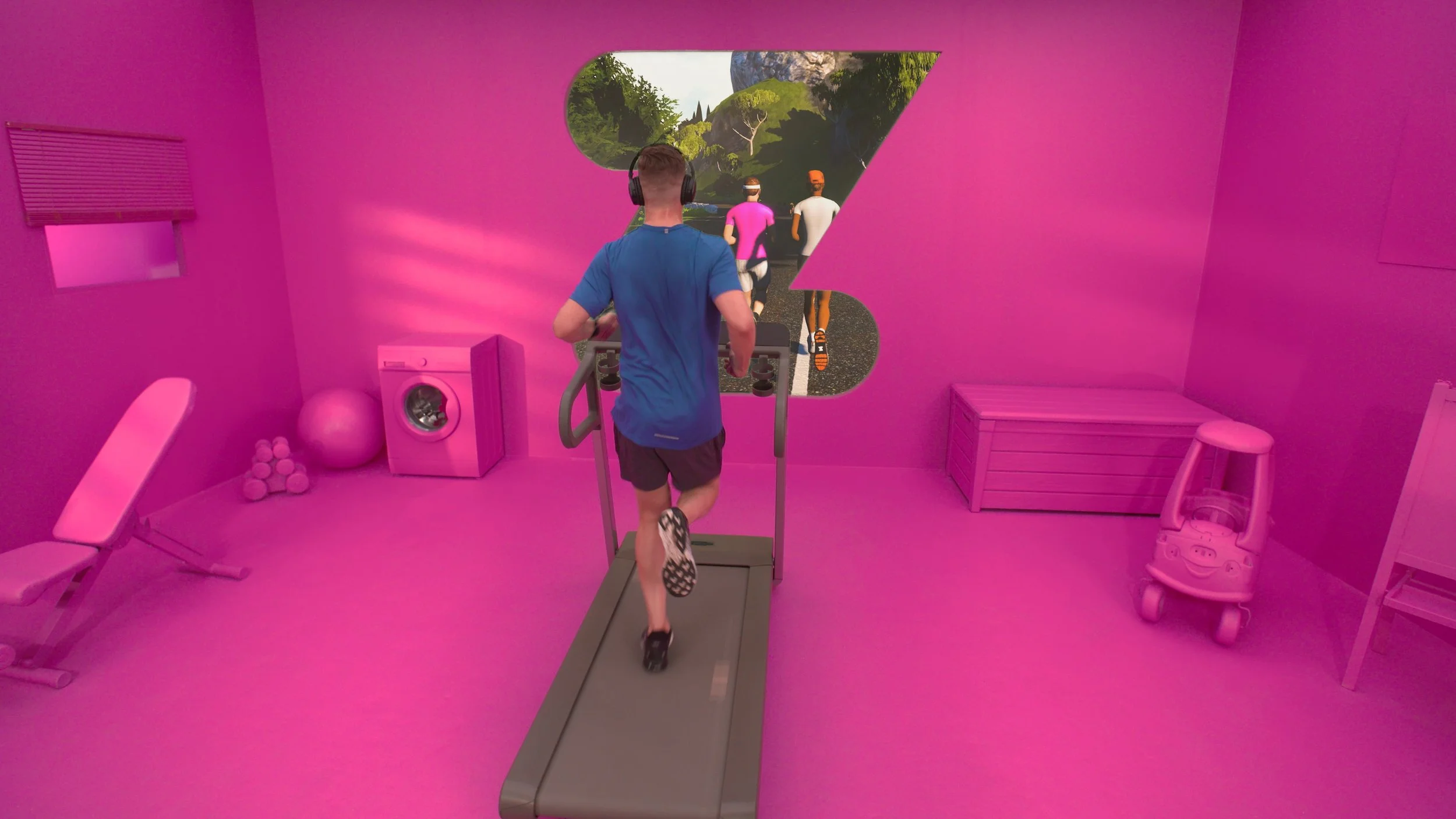 A person running on a treadmill in a pink room with fitness equipment and a digital window showing a nature scene.