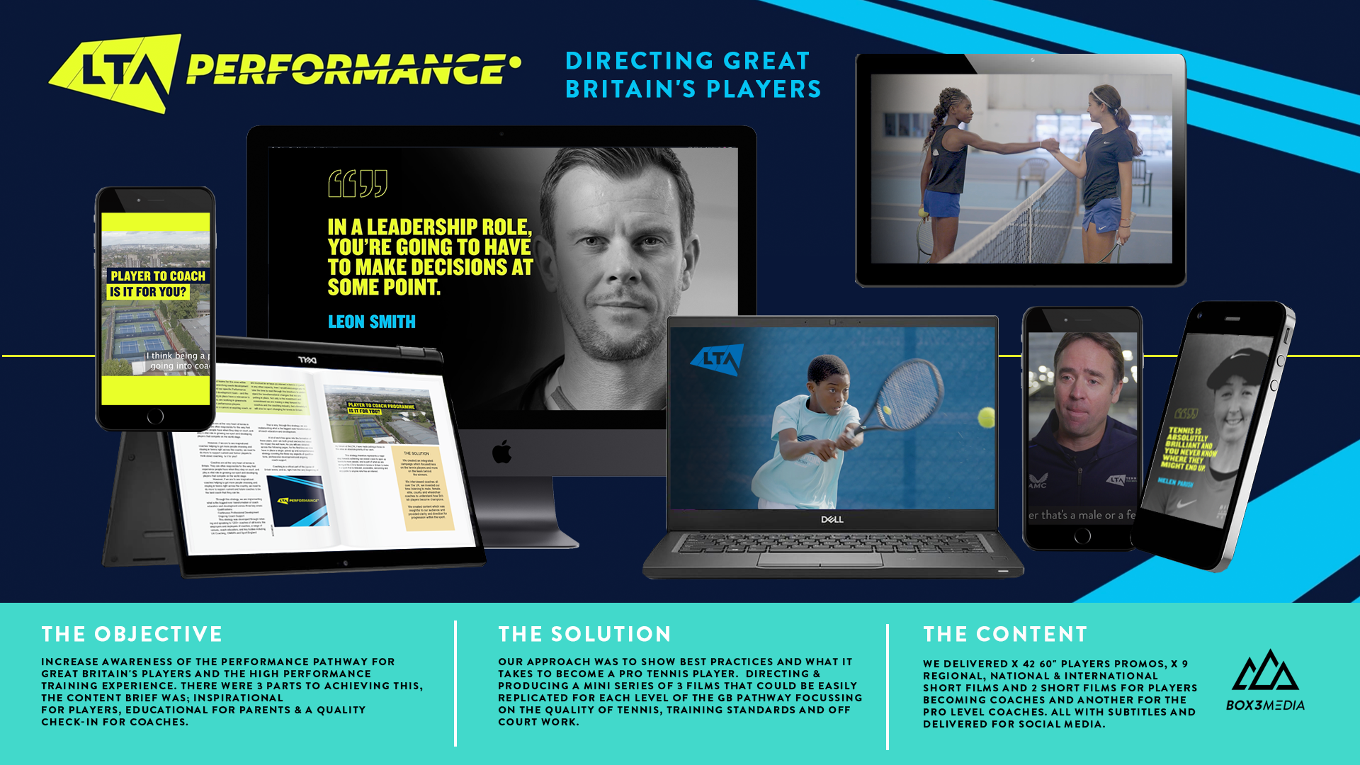 Digital marketing presentation for LTA Performance featuring multiple devices including smartphones, tablets, and laptops displaying tennis and badminton training content, with quotes, branding, and informational text.