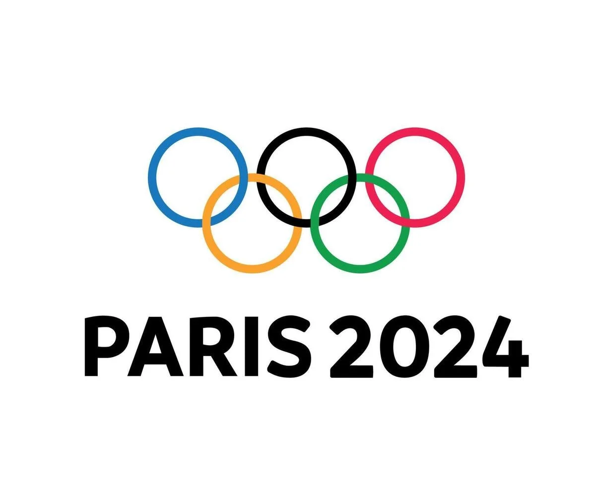 Olympic rings in blue, black, red, yellow, and green with 'PARIS 2024' written below in black.