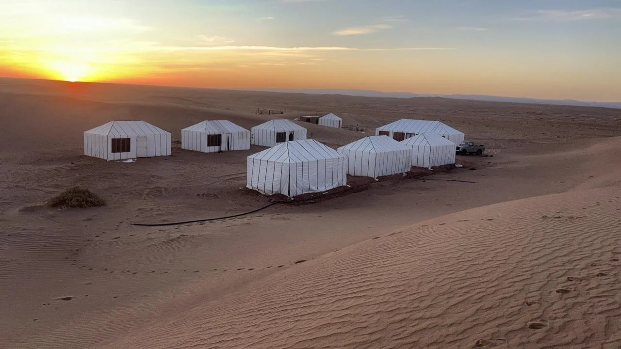 Set of white tents in a desert at sunset with a vehicle nearby.