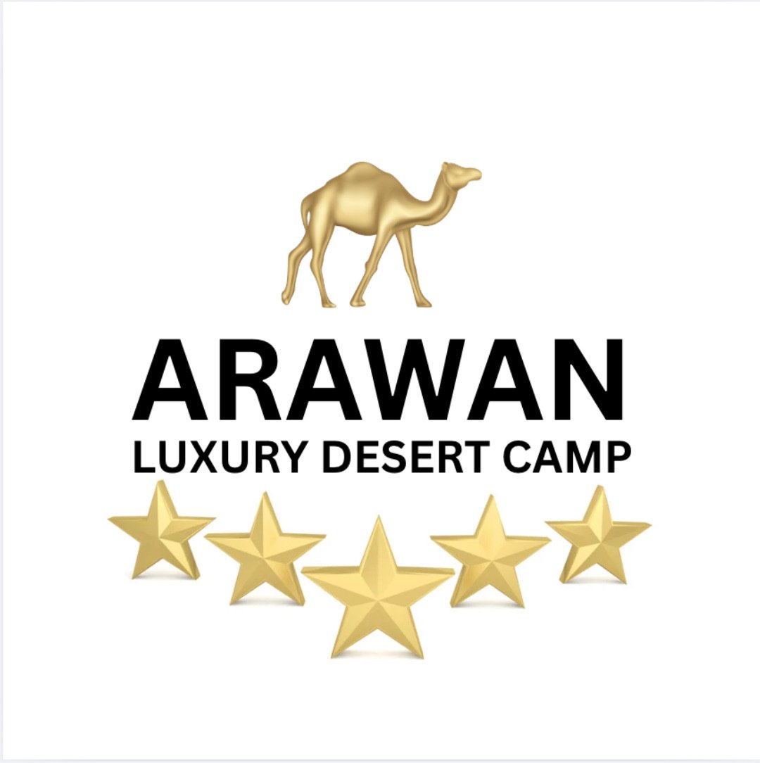 Logo featuring a gold camel at the top, the text 'ARAWAN LUXURY DESERT CAMP' in bold black font, and five gold stars underneath.