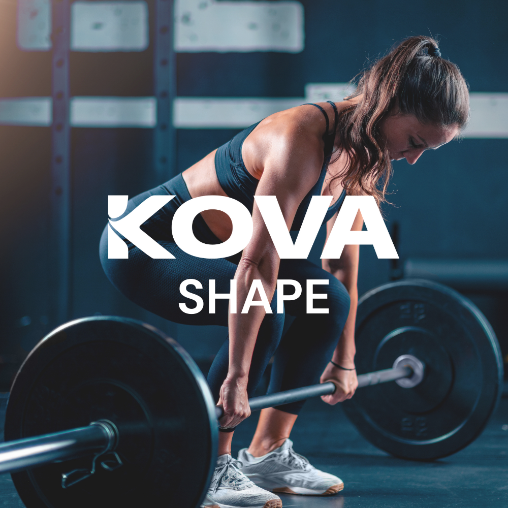 A woman in workout clothes lifting a barbell in a gym with the words "KOVA SHAPE" overlaid.