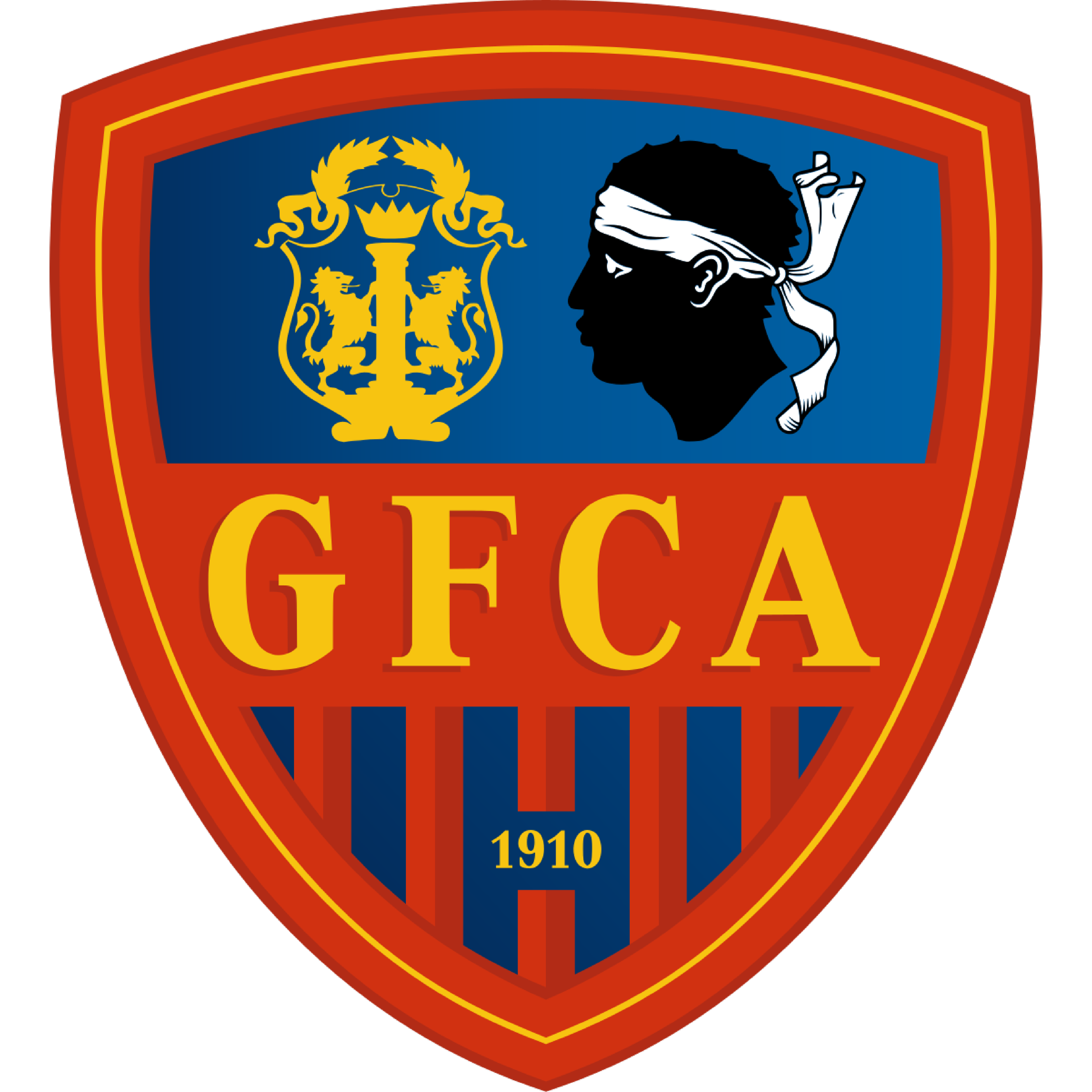 Logo d'un club de football avec un bouclier rouge, une bannière bleue et jaune, une silhouette de tête d'homme avec un bandeau blanc et l'inscription G.F.C.A 1910.