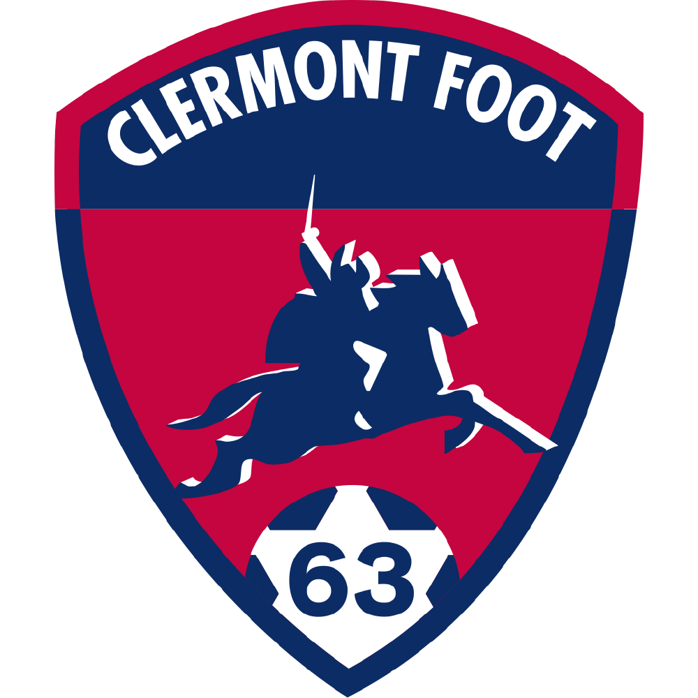Logo du club de football Clermont Foot 63, avec un bouclier rouge et bleu, un knight en selle à cheval, et le nom du club en haut.