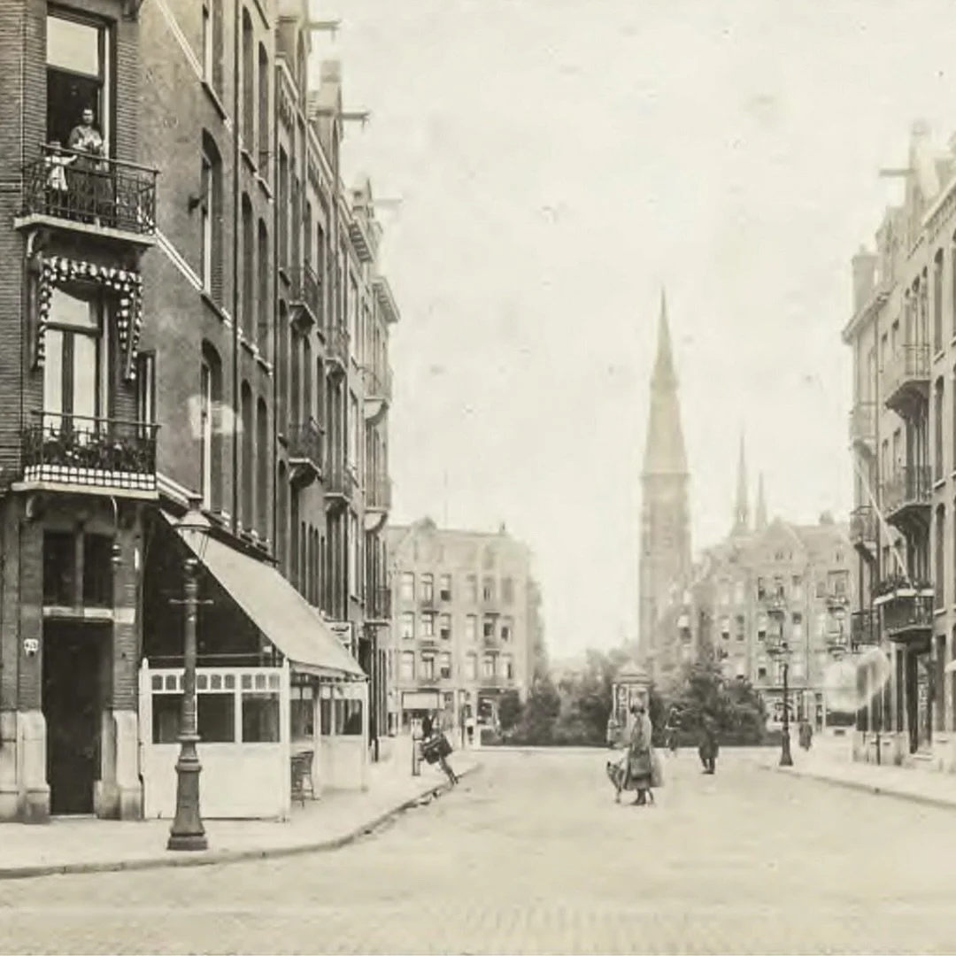 1925 &amp; Now: the photo in today&rsquo;s post was taken on the Overtoom, looking toward Staringstraat and Staringplein. In the background, you can see the Sint Vincentius Church, which was located at Jacob van Lennepkade 211. The church was built i