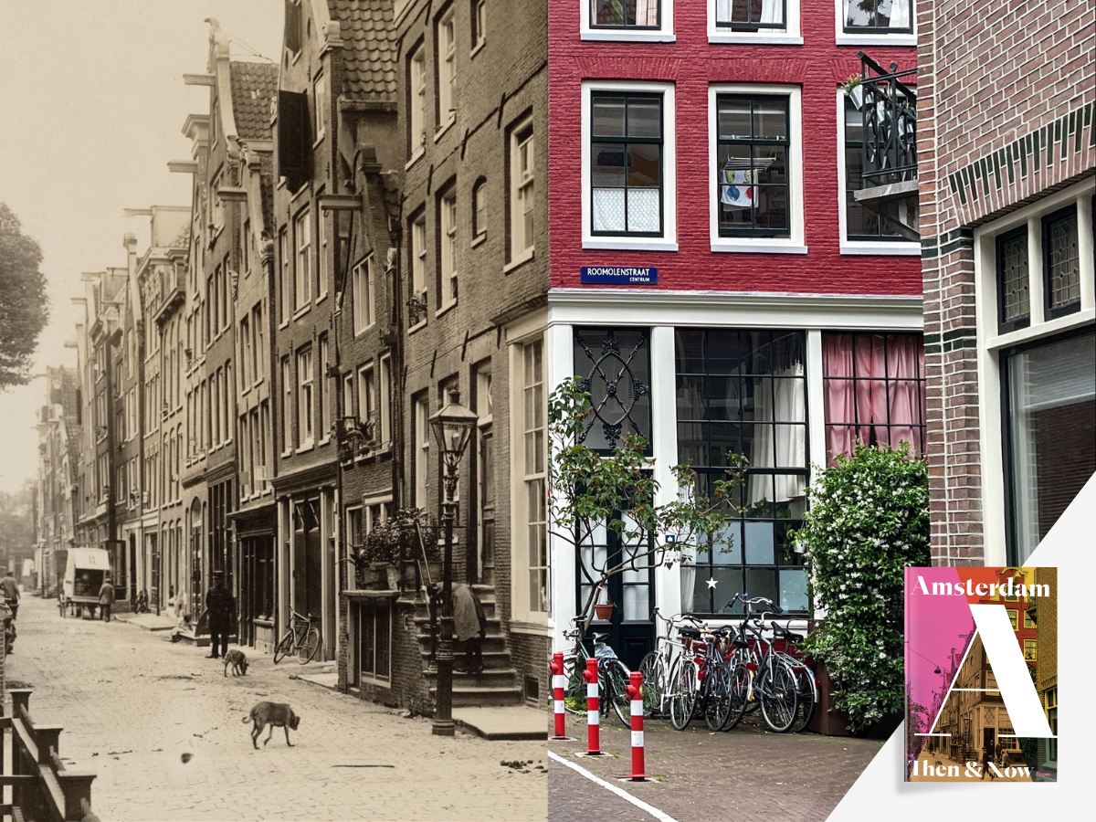 Comparison of a black and white historic street scene with bicycles and pedestrians to a modern colored view of a street with bicycles, plants, and a building in Amsterdam.