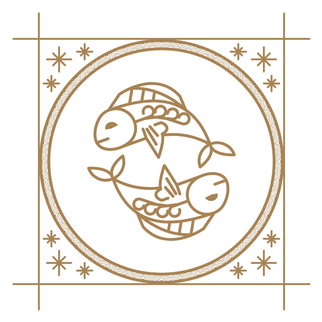 Stylized gold drawing of two birds with leaves, facing each other, surrounded by a decorative circle and stars on a black background.