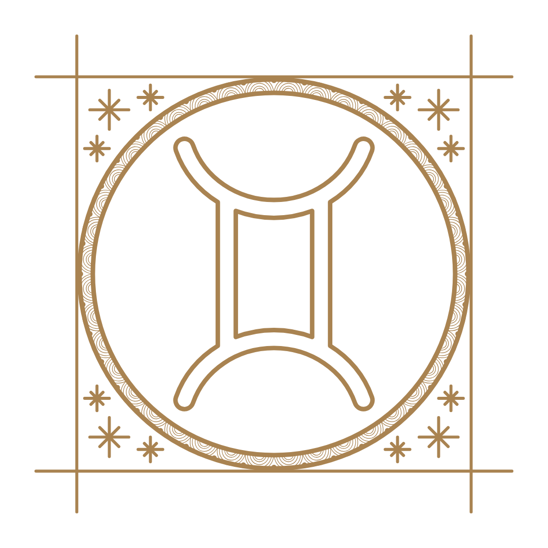 A minimalist zodiac sign Gemini symbol in gold, set against a black background with stars and decorative lines.