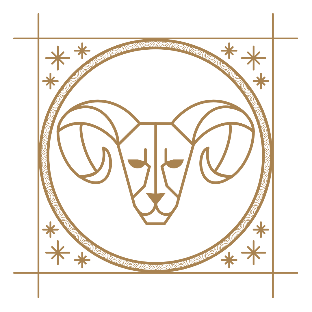 Illustration of a ram's head with large curved horns inside a circular border, with a black background and decorative stars.