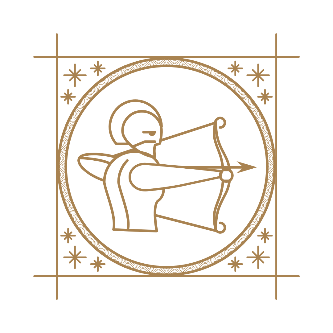 Line drawing of Cupid aiming a bow and arrow, surrounded by decorative stars and geometric patterns, on a black background.